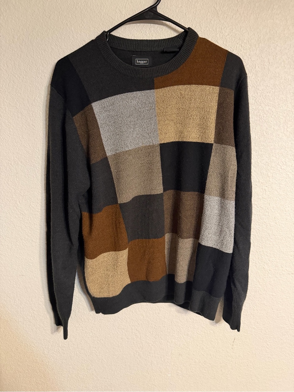 Haggar Men's Black Brown Tan Gray Patchwork Crewneck Sweater